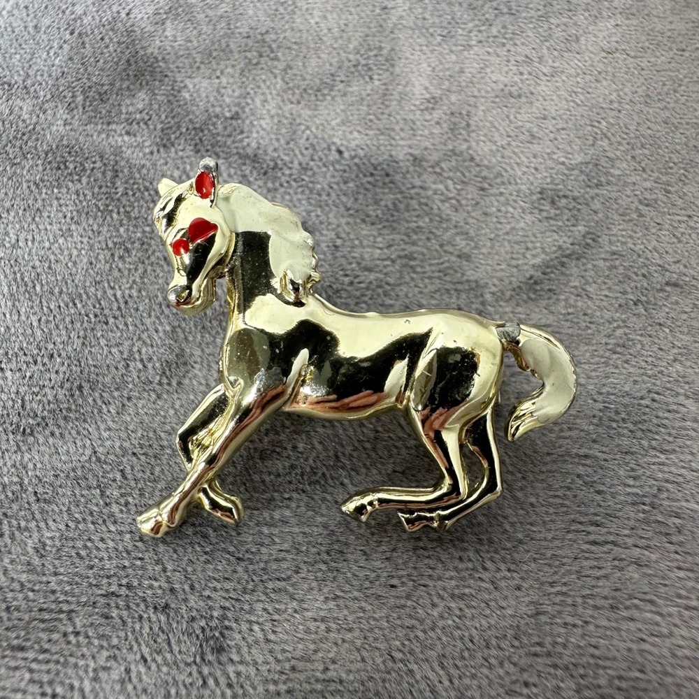 Gold Tone Galloping‎ Horse Brooch Red White Enamel Accents Animal Pin Costume